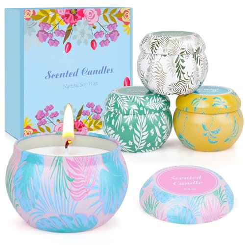 Bougie parfumées cadeau femme coffret bougie en cire de soja naturelle - lot de 4 bougies parfumées Cadeau d'anniversaire pour femme - Durée de combustion de 180 heures Portable Voyage