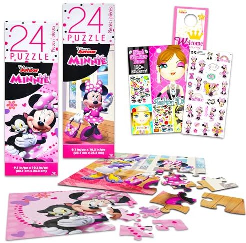 Minnie Mouse 24-teiliges Puzzle-Set für Kinder – Minnie-Partyzubehör-Set mit 2 Minnie-Puzzles, Aufklebern, mehr | Minnie Mouse Spiele und Aktivitäten für Kinder