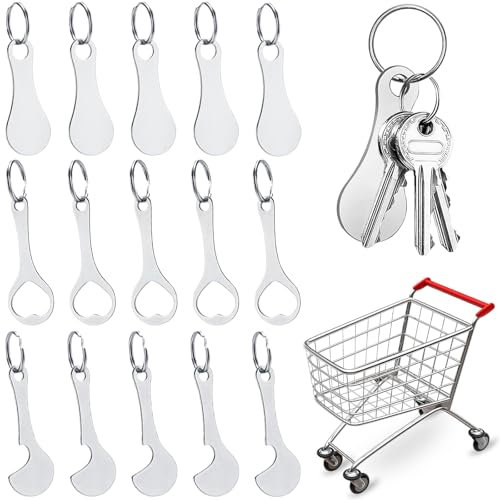 XSHAO® Lot de 15 jetons de chariot en métal et acier inoxydable - Amovible - Avec porte-clés - Pour chariot de courses - Pour homme et femme - Argenté, argenté, 6.2 x 2.3cm
