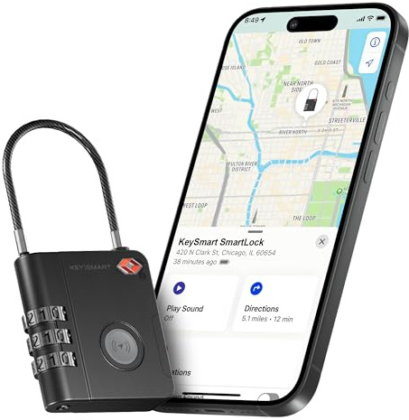 KeySmart SmartLock Lucchetto da Viaggio con Tracciamento – Approvato TSA, Compatibile con l’App Apple Find My, Localizzatore GPS Bluetooth, Batteria Sostituibile Non Ricaricabile (Confezione da 1)