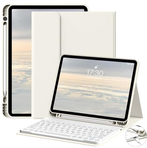 JKSML Tastatur Hülle für iPad Air 11 Zoll (M3/M2) 2025/2024 & iPad Air 5./4.Gen (2022/2020) 10.9 Zoll mit Pencil Halter, Abnehmbarer Bluetooth QWERTZ Tastatur, Auto Schlafen/Wecken (Weiße Creme)
