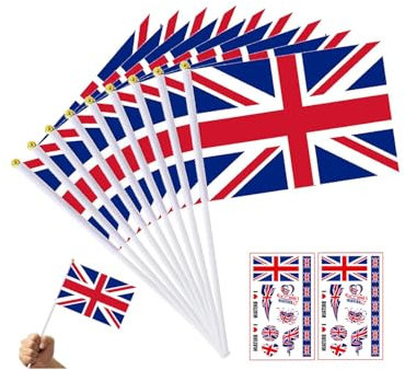 20PCS Union Jack Hand Flags - Great Britain British Handheld Flag with Pole Small Hand Waving Bunting for King's Birthday Parade Anniversary Football Party Decorations