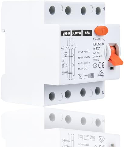 FI Schutzschalter Typ B 63A 300mA 4-Polig, Fehlerstromschutzschalter Allstromintensiv, RCD Schalter für Wallboxen, Ladestationen & Sicherungsautomaten, DIN Hutschiene Montage VDE Zertifikate