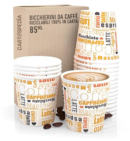 CARTOSPEDÌA - 100 Bicchierini Caffè Carta + 100 Stecchette In Bambù Incartate Singolarmente, 75 ml, Bicchieri Caffe Monouso Biodegradabili per Espresso, Accessori Caffe indispensabili, Made in Italy