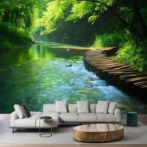 Custom Size Forest River Wooden Path Peel and Stick Wallpaper - Removable Self-Adhesive Mural for Living Room, Bedroom & Nature Trail Decor