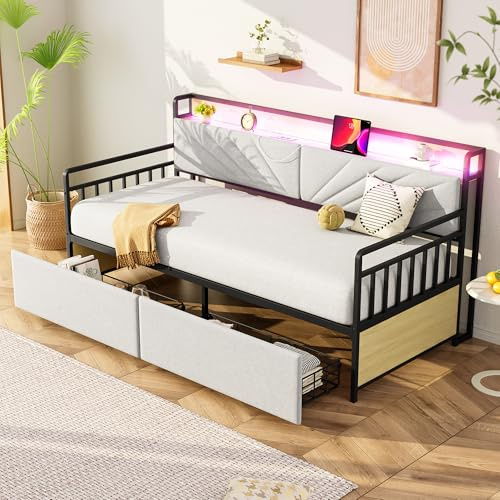 boorbin Eisenbettsofa 90 * 200 cm, mit LED-Beleuchtung und Ablagen, mit Schubladen und Multifunktionssteckdosen, Eiseneinzelbett, Jugendbett (Beige)