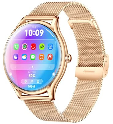 Genérico Smartwatch Elegante para Mujer, Pantalla AMOLED 1.43, Correa Rosa, Carcasa Dorada, Monitor de Bienestar, Actividad Deportiva, Resistente a Las Salpicaduras (Dorado)