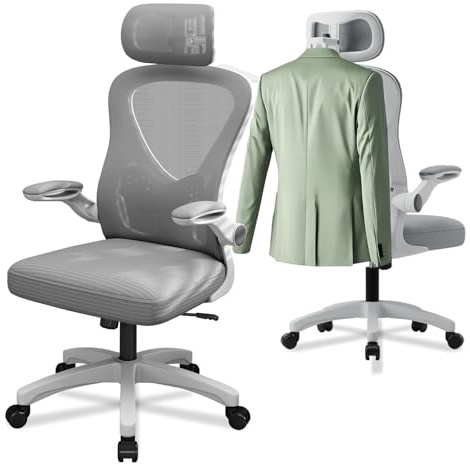 EOXCIIU Ergonomic Office Chair, Mesh Swivel Chair with Adjustable Lumbar Support, Tilt Function, Headrest, Flip-up Armrests, Height Adjustable for Home, Office, Work, Gaming and Rest, Black