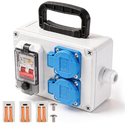 Shengbowi Stromverteiler 16A IP67 Baustromverteiler Vorverkabelt mit | With FI Schalter Wandverteiler Wasserdicht 2x Schuko Steckdosen für Innen/Außen