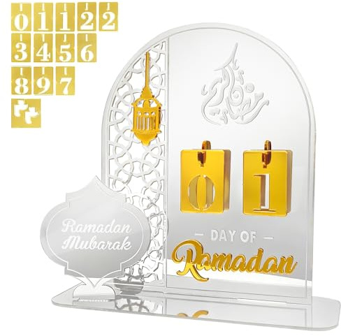 Ramadan Kalender aus Acryl, Ramadan Deko, Eid Mubarak Adventskalender, DIY Ramadan Dekoration Countdown Wohnzimmer für Tischdeko (Silber)