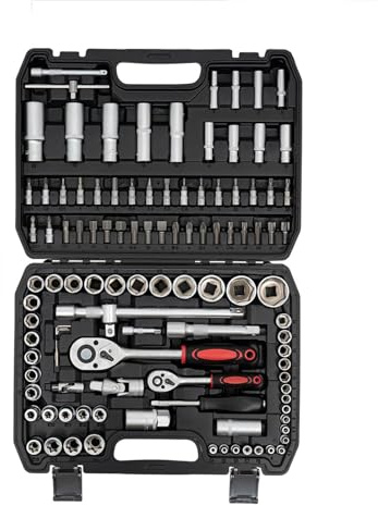 Socket Wrench Set - 108 Piece Metric Drive Socket Set with Carrying Case, Quick Release Reversible Ratchet for Automotive Repair