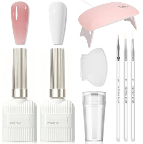 French Manicure Nail Polish Set - 2PCS Sheer Jelly Nude Pink & White Gel Nail Polish - French Tip Gel polish Kit with nail Stamper, UV Lamp, Nail Art Brush - All-in-1 for Women DIY nail Design at Home