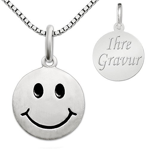 CLEVER SCHMUCK Smiley Halskette kleiner Plättchen Anhänger rund Ø 12 mm und personalisiert mit Wunschgravur auf Rückseite Auswahl Kette Sterling Silber 925