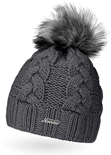Neverless Damen Strick-Mütze gefüttert mit Kunstfell-Bommel, Winter-Mütze, Bommelmütze, dunkelgrau Unisize