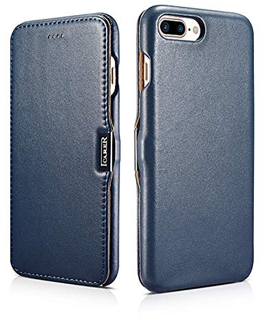 ICARER Hülle passend für Apple iPhone 8 Plus und iPhone 7 Plus (5.5 Zoll), Handyhülle mit echtem Leder, Case, Schutz-Hülle klappbar, dünne Handytasche, Slim Cover, Blau