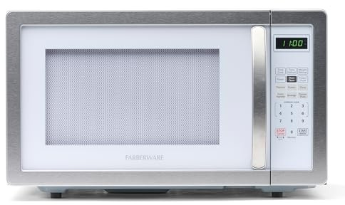 Farberware Horno microondas para encimera de 1.1 pies cúbicos, potencia de 1000 vatios, configuración de cocción automática, descongelación, fácil de limpiar y bloqueo de seguridad para niños, blanco