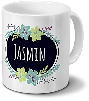 printplanet Tasse mit Namen Jasmin - Motiv Flowers - Namenstasse, Kaffeebecher, Mug, Becher, Kaffeetasse - Farbe Weiß