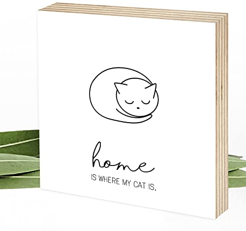 Wunderpixel® Holzbild Home is where my Cat is - 15x15x2cm zum Hinstellen/Aufhängen, Zeichnung auf Holz - schwarz-weißes Wand-Bild Aufsteller zur Dekoration/als Geschenk - Katze