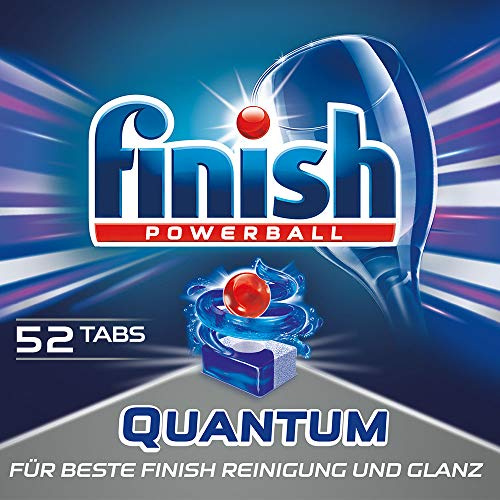 Detersivo in pastiglie per lavastoviglie Finish Quantum, protegge brillantezza e vetro.