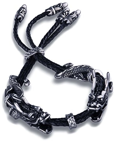 Yumilok Herrenarmband Echtlederarmband Leder geflochten Armreif Drachen Armschmuck für Männer Schwarz Oxidiert Edelstahl