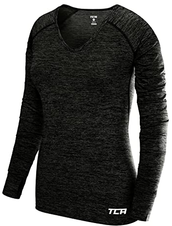 TCA Damen Elle Langarm V-Ausschnitt Laufshirt, Sportshirt und Trainingsshirt - Schwarz, L
