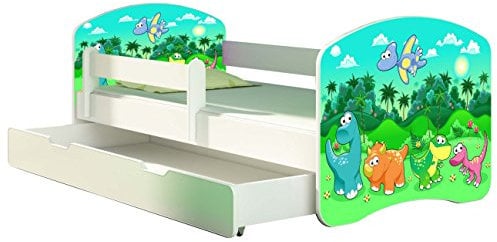 ACMA Kinderbett Jugendbett mit Einer Schublade und Matratze Weiß II 140 160 180 40 Design (180x80 cm + Bettkasten, 30 Dino)