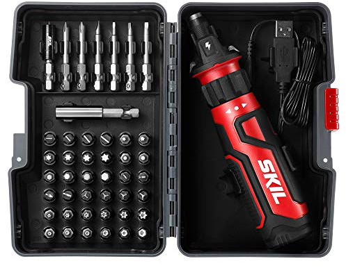 SKIL Rechargeable 4V Cordless Screwdriver with Circuit Sensor Technology, Includes 45pcs Bit Set, USB Charging Cable, Carrying Case - SD561204