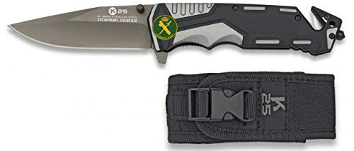 K25-19654GR1010 Navaja Gris/Negra K25 Seguridad. H:9.4 Herramienta para Caza, Pesca, Camping, Outdoor, Supervivencia y Bushcraft + Portabotellas de regalo