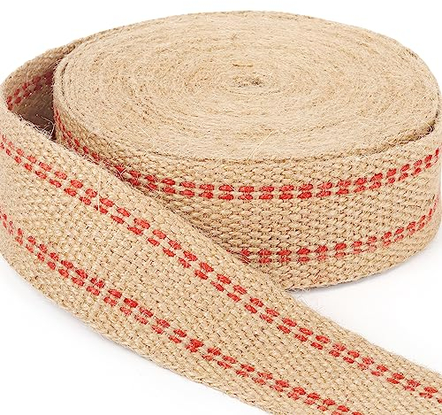 ZAIONE 10 Metres Width 2 Roll Natural Burlap Red Line Jute Webbing Ribbon Craft Upholstery Tape for Outdoor DIY Gear Repair (Red Stripes)