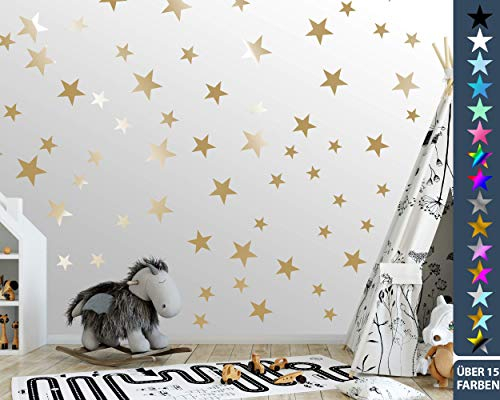 ELES VIDA - 100 Sterne Wandtattoo fürs Kinderzimmer - Wandsticker Set - Pastell Farben, Baby Sternenhimmel zum Kleben Wandaufkleber Sticker Wanddeko - Wandfolie, Kleinkinder, Auch für Rauhfaser - Gold