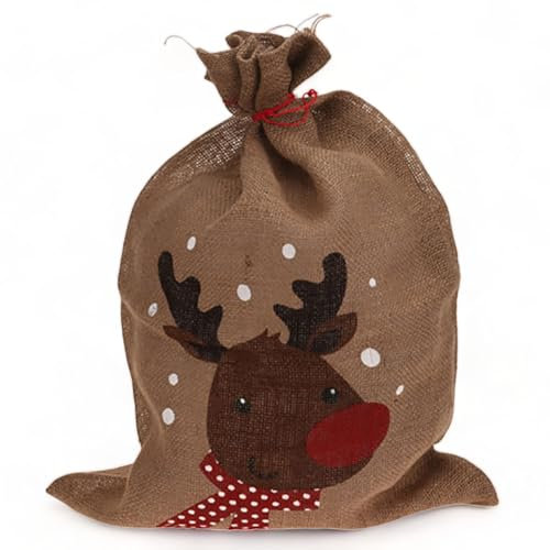 MIK funshopping Geschenkesack Jutesäcke Jutebeutel mit farbigem Weihnachts-Motiv, Geschenkverpackung, naturfarben, 70 cm (Rentier)