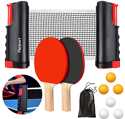 FBSPORT Table Tennis Set, Ping Pong Bats with 2 Paddles, 1 retractable net, 6 balls, 1 carrying bag, for Trainer Adults Children Indoor Outdoor
