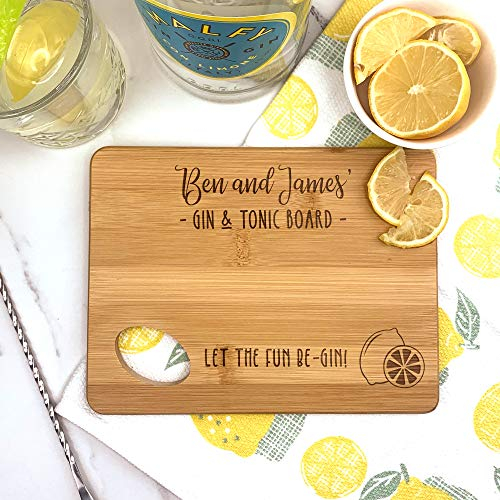 eBuyGB Personalised Wooden Gin & Tonic Chopping Board, Rectangle Serving Board, G & T Gift for Couples, Small Engraved Lemon & Lime Cutting Board - Let The Fun Be-Gin!