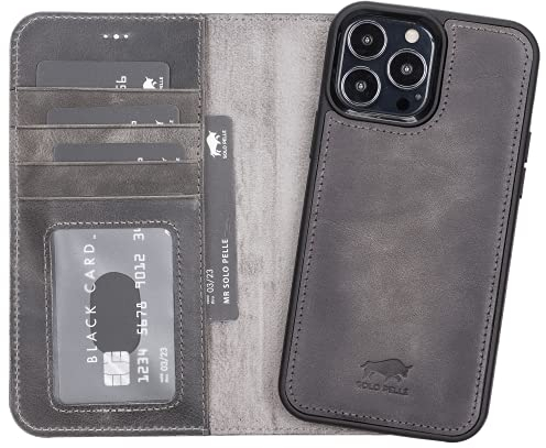 Solo Pelle Lederhülle kompatibel für iPhone 13 Pro Max in 6.7 Zoll abnehmbare Hülle (2in1) inkl. Kartenfächer für das original Apple iPhone 13 Pro Max (Steingrau)