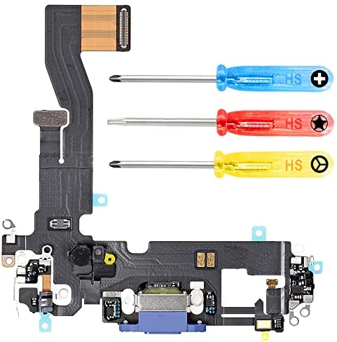 MMOBIEL Connecteur de Charge Compatible avec iPhone 12/12 Pro 2020 - Dock Connector - Câble Nappe de Rechange - avec Jack Audio/Microphone/Antenne Remplacement - INCL. Tournevis - Bleu
