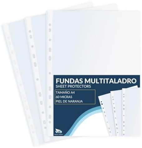 Raylu Paper® - Fundas multitaladro de polipropileno 100% reciclable, fundas para documentos de gran apertura, lomo reforzado. 100 unidades. (Piel de naranja, A4-60 micras)