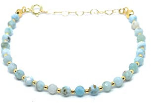 Larimar Natursteinarmband 4 mm dick 925er Sterlingsilber plattiert mit 24 Karat Gelbgold, verstellbar von 16 cm bis 19 cm