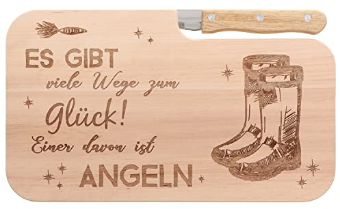 Spruchreif | Holz- Brotzeitbrett mit Messer „Es gibt viele Wege zum Glück…“ | Geschenkidee für Angler & Outdoor-Fans | Perfekt für Frühstück & Brotzeit