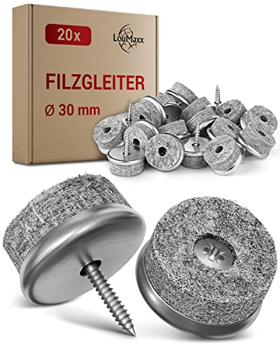 LouMaxx Stuhl Filzgleiter Schrauben rund, Ø 30mm grau- Stuhlgleiter mit 6mm dickem Filz &Metalleinfassung- Filzgleiter für Stühle Schrauben -Premium Stuhlbeinschoner Filz auch für Möbel 20 Stück