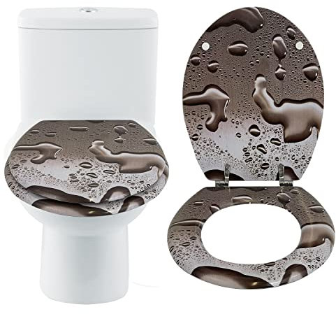 AQS INTERNATIONAL - Novelty Solid Luxury Wooden Toilet Seat- Oval Shaped, Durable MDF 3D Effect Printed Design, Stainless Steel Adjustable Hinges, Loo WC Toilet Seat (Water Drop Design)