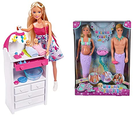 Simba 105733333 - Steffi Love Welcome Twins, Schwangere Puppe, mit Zwillingen, 29cm & Steffi Love Mermaid Family, Puppe als Schwangere Meerjungfrau mit Kevin als Meerjungmann, 29cm Ankleidepuppen