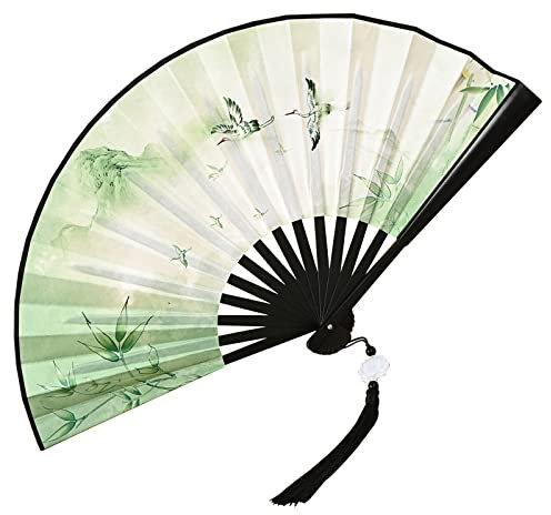 Folding Hand Fans Hand Fans Folding Fand Handheld Fans Plastic Display Fans with Tassel for Women Chinese Ancient Style Handheld Fans for Birthday Gift Wedding Cosplay Party Decoration (Green)