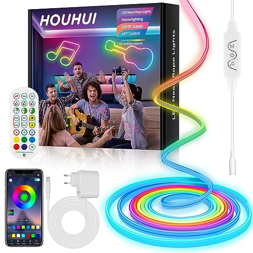 HOUHUI Neon Streifen Lichter,5m RGB LED Neon Strip mit Remote per App,IP67 Wasserdichte Neon LED Streifen, 12V Musik Synch Neon Strip,DIY Design,Flexible Neon Lichter für Schlafzimmer, Spielzimmer