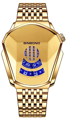 JewelryWe Herrenuhr Edelstahl Uhren Herren - Gold Analog Quarz Armbanduhr mit Edelstahl Armband 30 wasserdichte Kein Zeiger Konzeptuhr Motorrad Uhr für Männer Junge