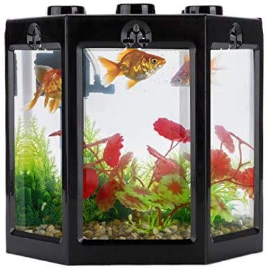 Kleines Betta-Aquarium, Sechseckiges Tragbares Mini-Aquarium, Aquarium-Starter-Sets, Fischschale, Aquarium-Starter-Sets für Schildkröten, Reptilien, Garnelen, Moos, Krabben, Insekten,(Schwarz)