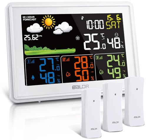 BALDR Wetterstation Funk mit 3 Außensensoren Innen Außen Digital Thermometer Hygrometer Feuchtigkeit mit Wettervorhersage, DCF Farbbildschirm Wetterstation