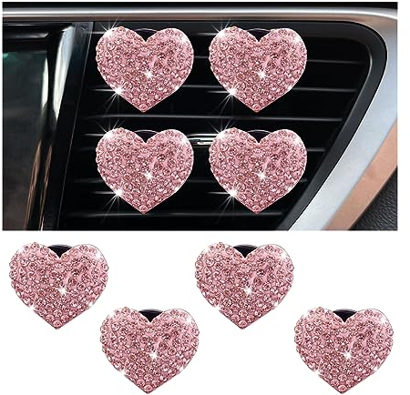 JNNJ 4 Pezzi Clip Di Sfiato per Deodorante per Auto, Clip Deodorante a Forma Di Cuore, Bling Clip Deodorante Aria, Clips Auto Con Strass Diffusore Di Olio Essenziale per Auto Donna(Rosa)