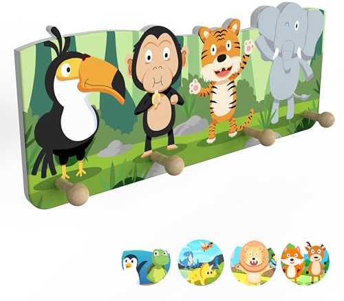 bunnyboo Porte-manteau en bois pour enfant avec 4 crochets - Design enfantins - Magnifique porte-manteau pour enfants (jungle)