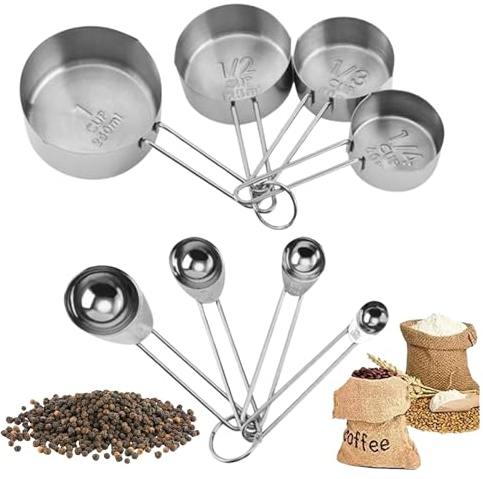 Tazas Medidoras, Cucharas Medidoras, Tazas y Cucharas Medidoras Acero Inoxidable, Cucharas Medidoras Reposteria, Set de 4 Tazas Medidoras y 4 Cucharas Medidoras, BONDIBUY (8, ACERO INOXIDABLE)