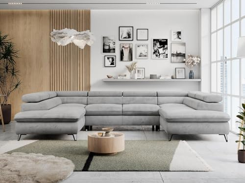 MKS MEBLE Sofa U-Form Grau, Wohnlandschaft U-Form, Sofa mit Schlaffunktion und Bettkasten, Schlafsofa mit Bettkasten, Couch mit Verstellbare Kopfstützen - Peter U - Hellgrau Velvet Hydrophob